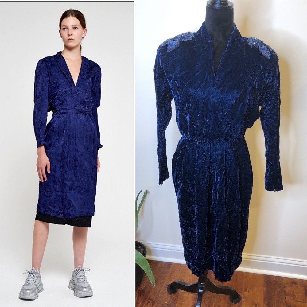 70s-80s Vintage Donna Morgan Blue Velvet V-neck Sequin Shoulder Dress